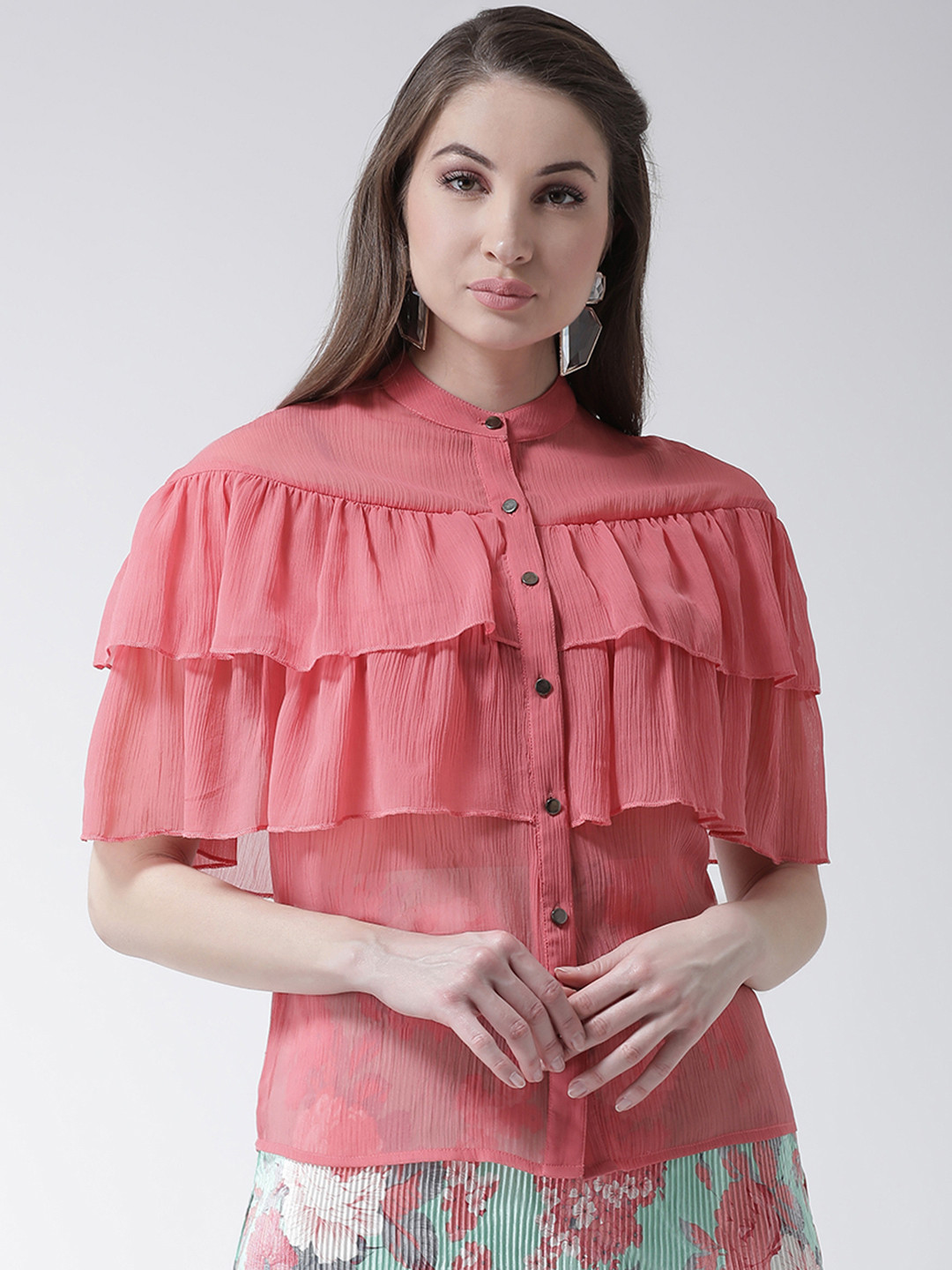 

KASSUALLY Women Peach-Coloured Printed Shirt Style Top