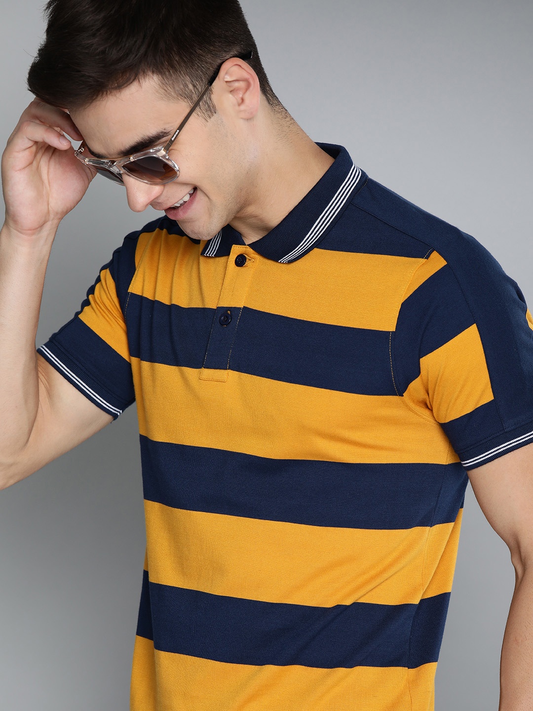 

HERE&NOW Men Mustard Yellow & Navy Blue Striped Polo Collar T-shirt
