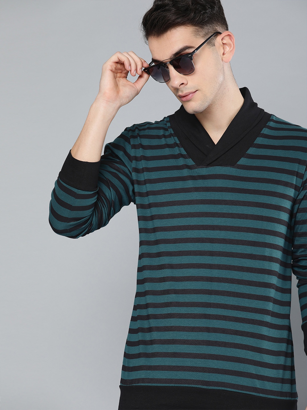 

HERENOW Men Teal Green Black Striped V-Neck Pure Cotton T-shirt