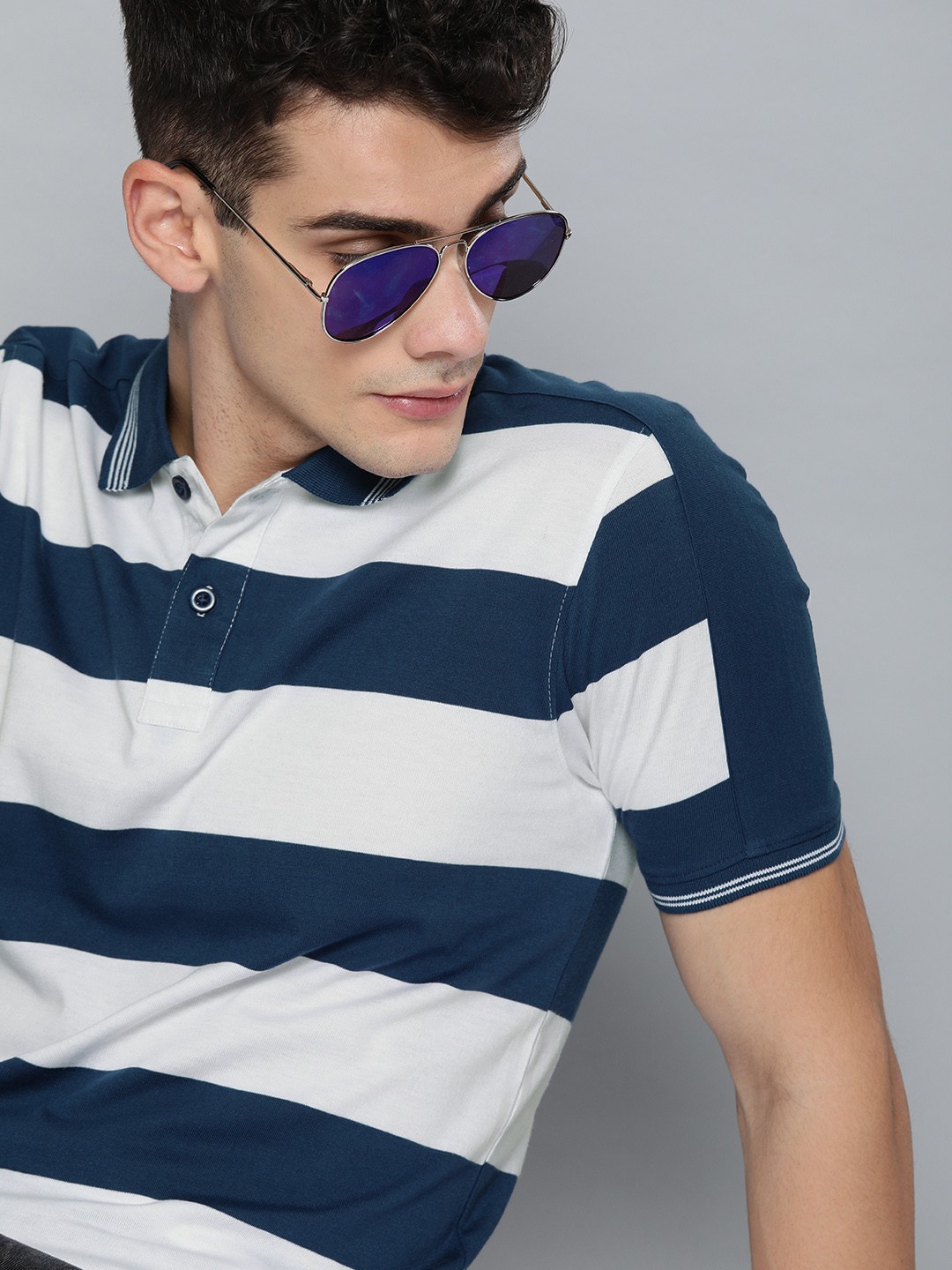 

HERE&NOW Men Blue & White Striped Polo Collar T-shirt