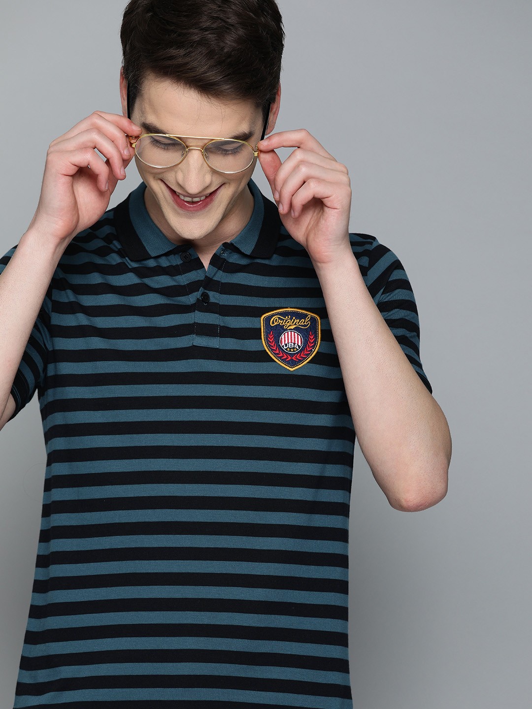 

HERE&NOW Men Black & Teal Blue Striped Polo Collar T-shirt