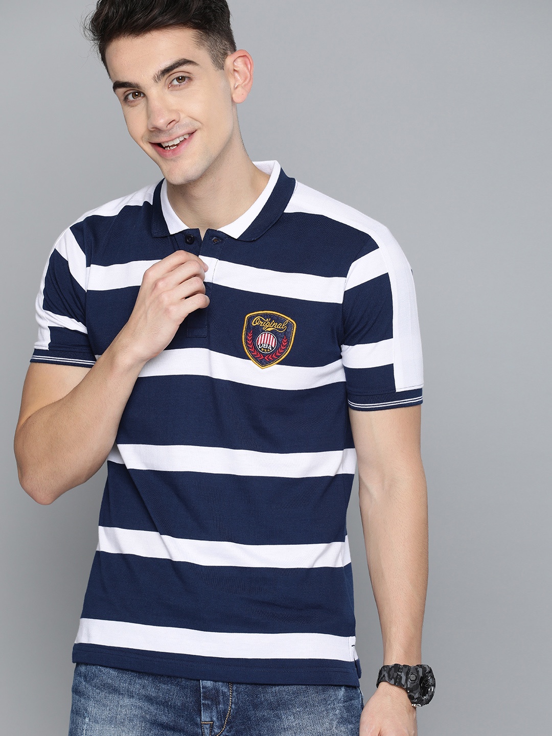 

HERE&NOW Men Navy Blue & White Striped Polo Collar T-shirt