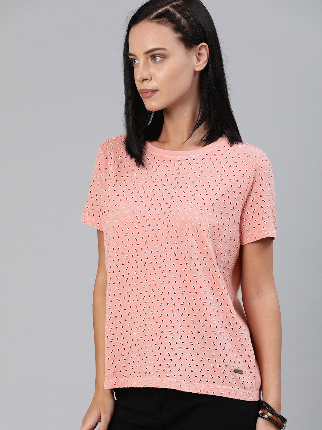 

The Roadster Lifestyle Co Women Pink Self Design Schiffli Round Neck T-shirt
