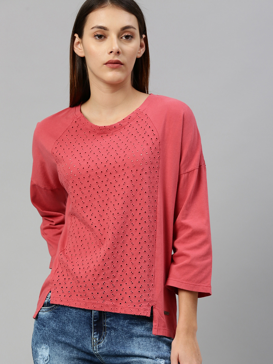 

The Roadster Lifestyle Co Women Pink Schiffli Embroidered Round Neck Pure Cotton T-shirt