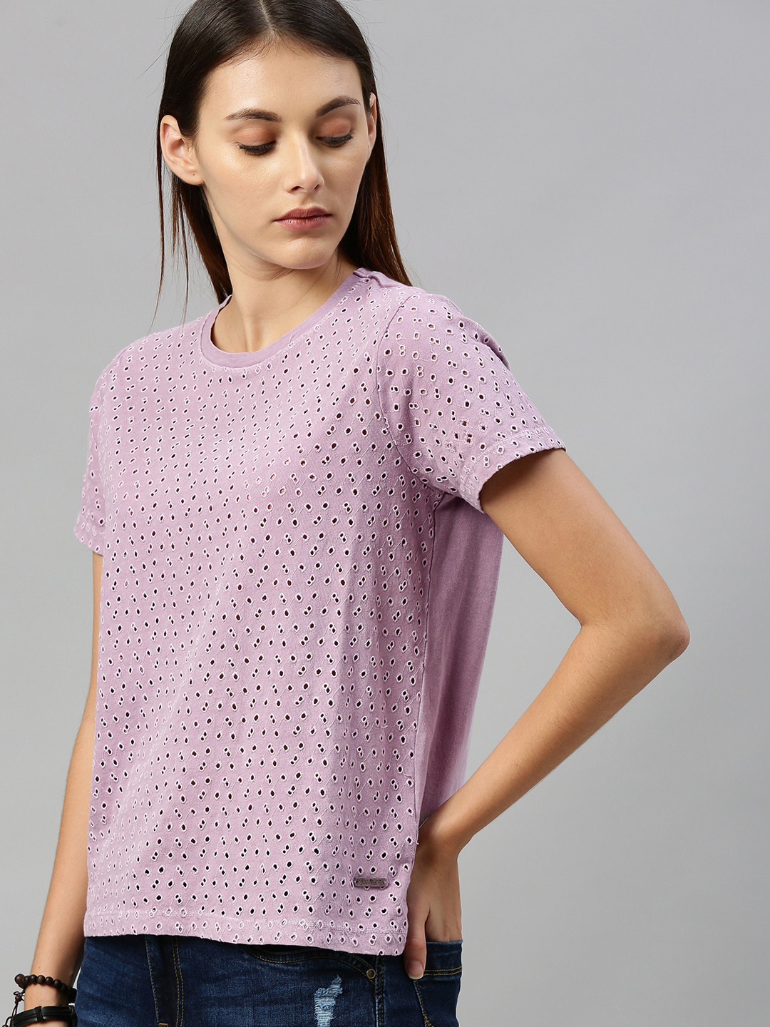 

The Roadster Lifestyle Co Women Lavender Schiffli Embroidered Round Neck Pure Cotton T-shirt