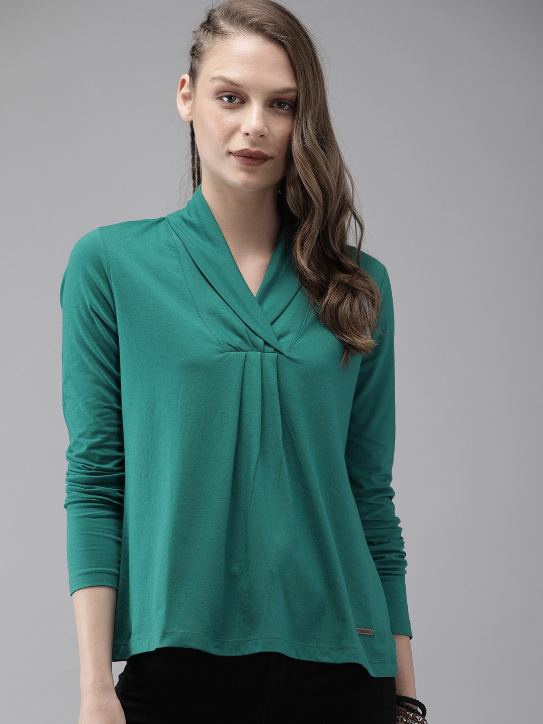

The Roadster Lifestyle Co Women Teal Green Solid Wrap Neck Top