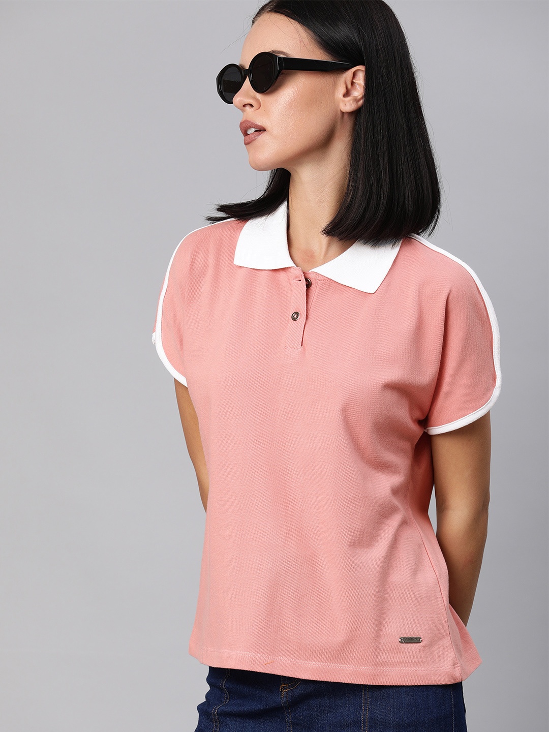 

The Roadster Lifestyle Co Women Pink Solid Contrast Polo Collar Pure Cotton T-shirt