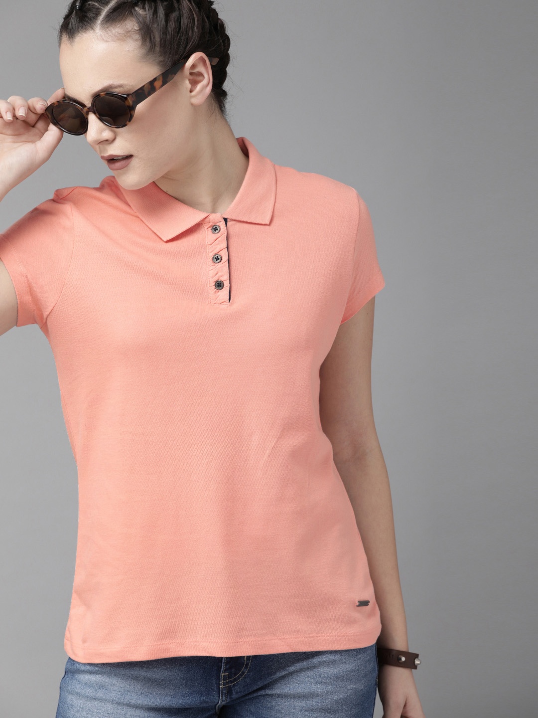 

Roadster Women Pink Solid Polo Collar Pure Cotton T-shirt