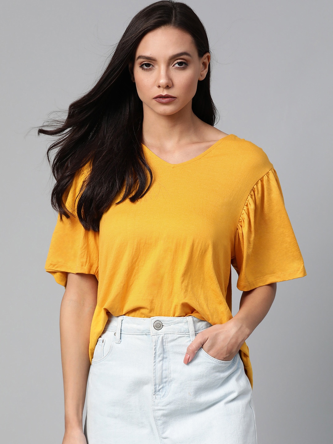 

The Roadster Lifestyle Co Women Mustard Yellow Flared Sleeves Solid Top
