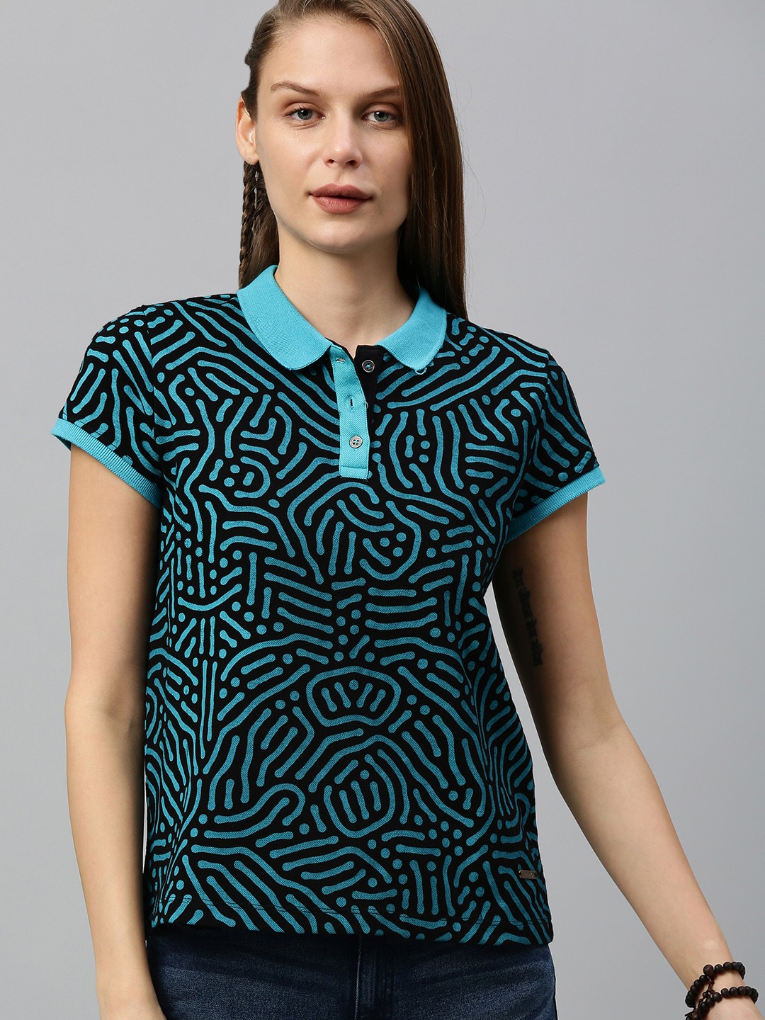 

The Roadster Lifestyle Co Women Black Blue Printed Polo Collar Pure Cotton T-shirt