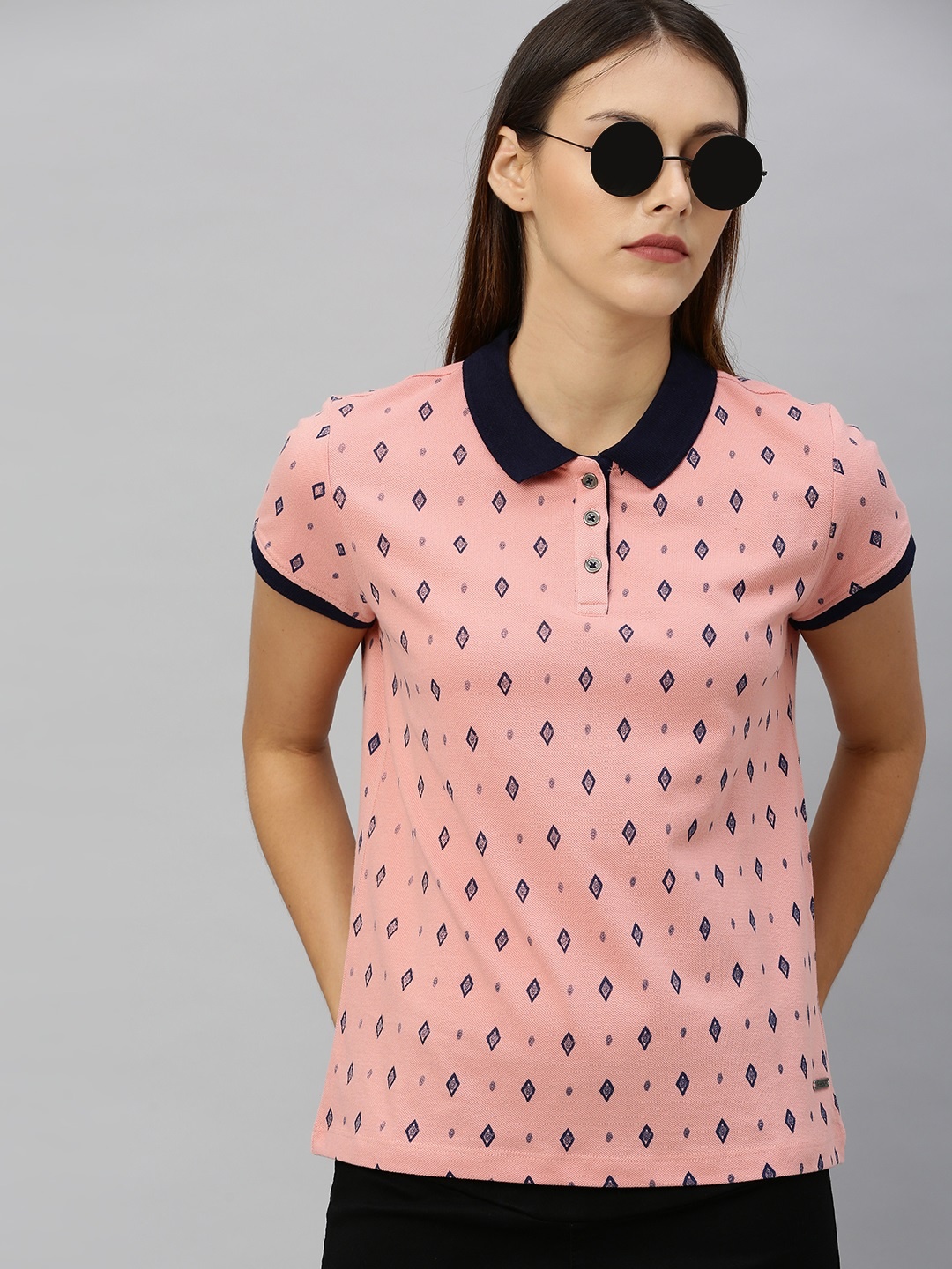 

The Roadster Lifestyle Co Women Pink Navy Blue Printed Polo Collar Pure Cotton T-shirt