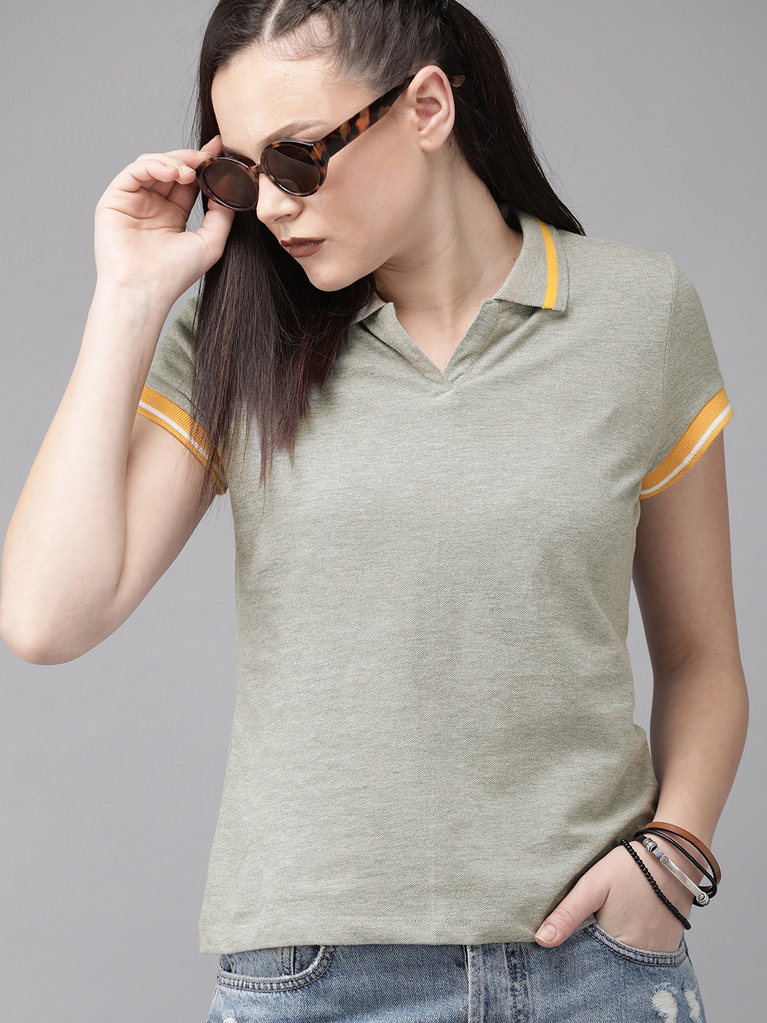 

The Roadster Lifestyle Co Women Grey Solid Polo Collar Relaxed Fit T-shirt