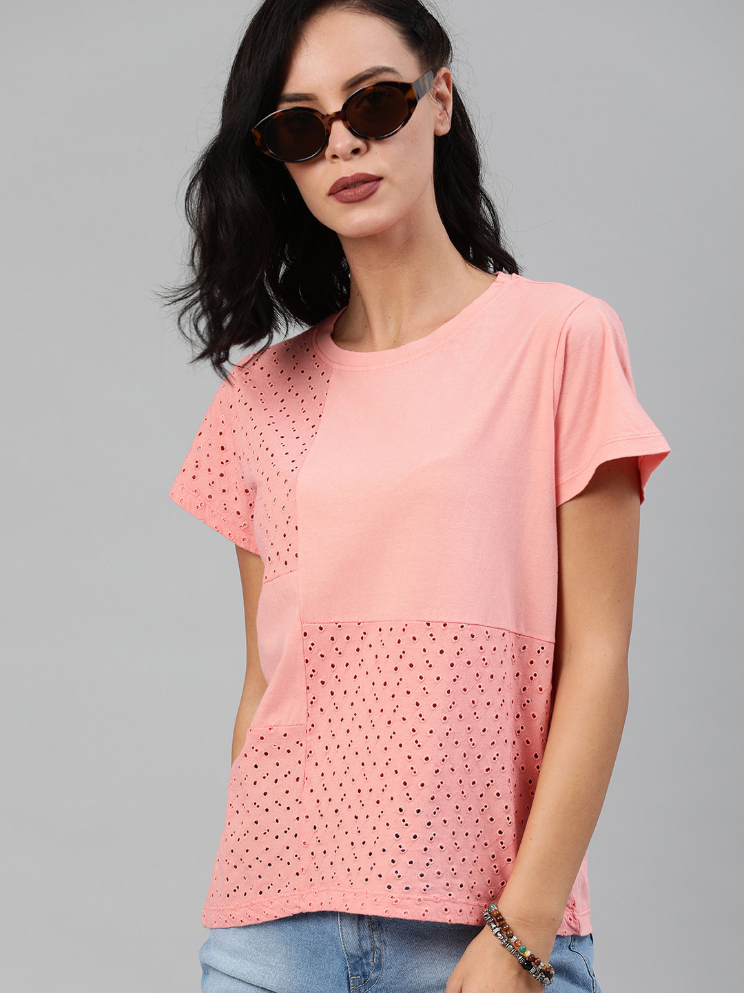 

The Roadster Lifestyle Co Women Peach-Coloured Self Design Round Neck T-shirt