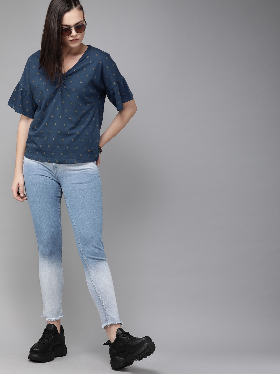 

The Roadster Lifestyle Co Women Teal Blue & Mustard Yellow Printed Pure Cotton Top