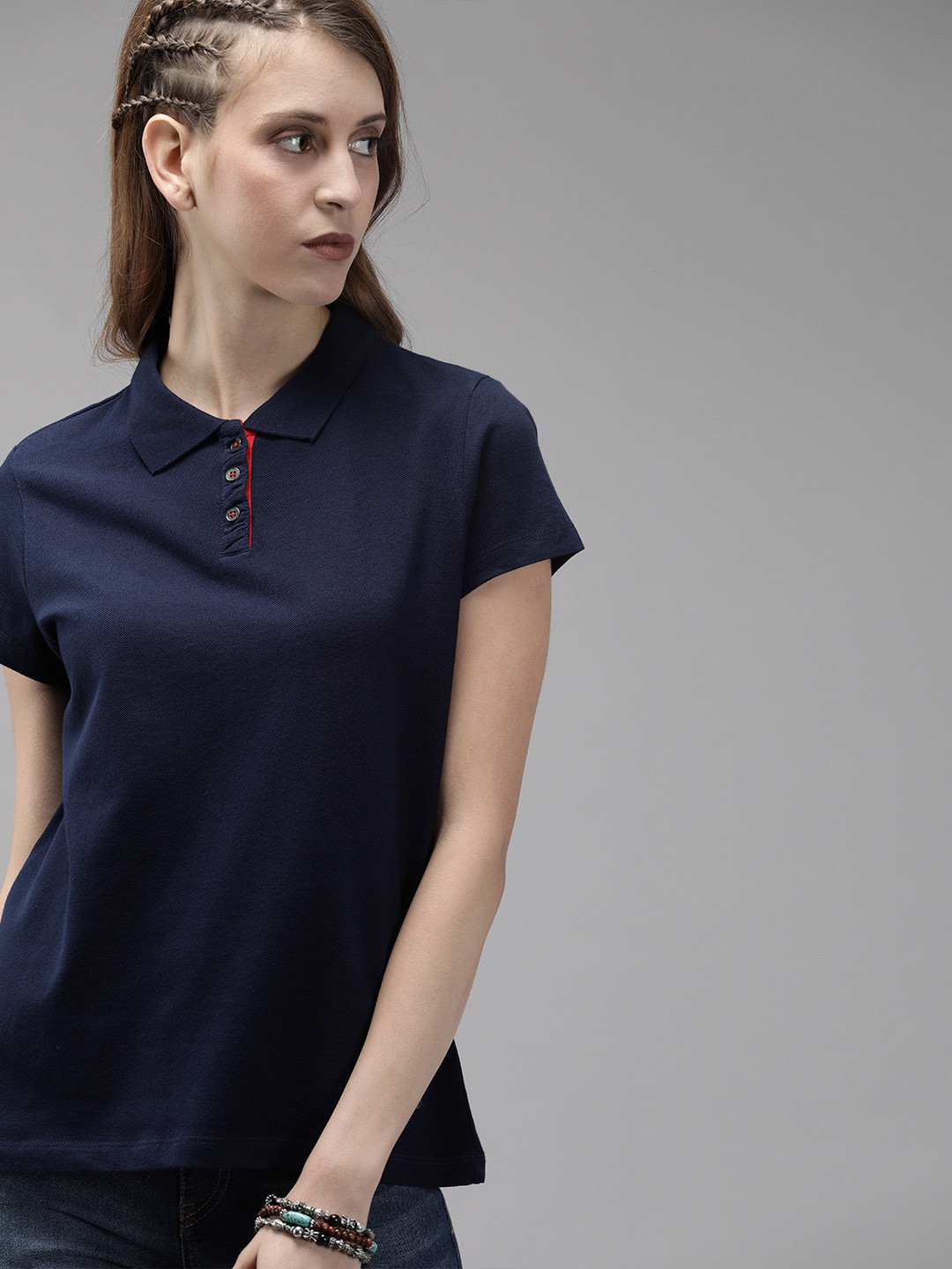 

The Roadster Lifestyle Co Women Navy Blue Solid Polo Collar Pure Cotton T-shirt