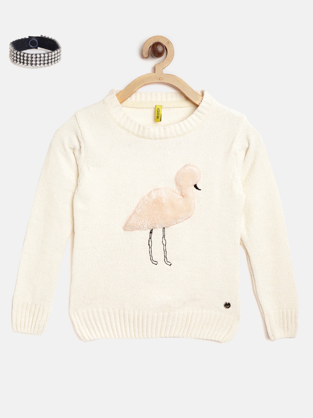 

Gini and Jony Girls Cream-Coloured Bird Faux Fur Applique Detail Pullover with Bracelet