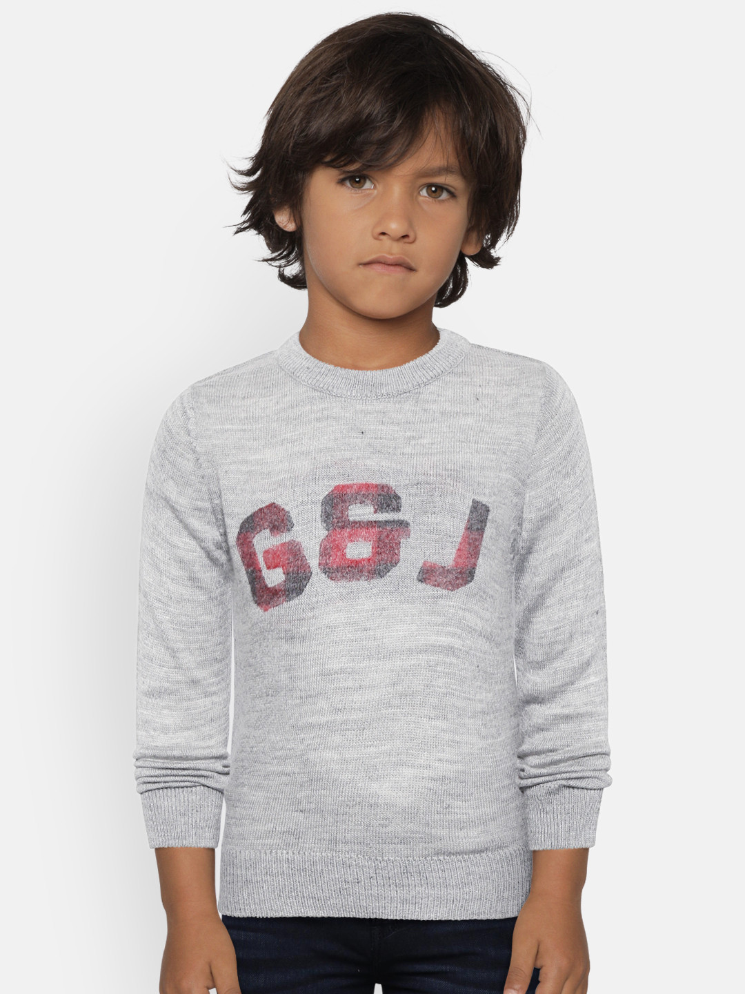 

Gini and Jony Boys Grey Solid Pullover Sweater with Printed Detail