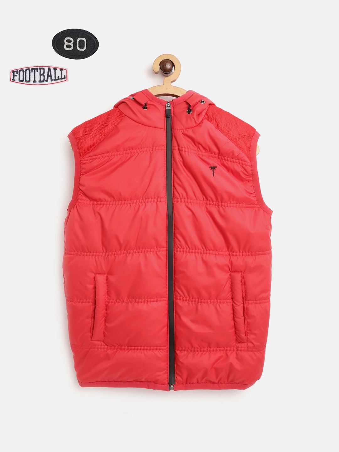 

Palm Tree Boys Red Solid Hooded Padded Jacket with Brooches