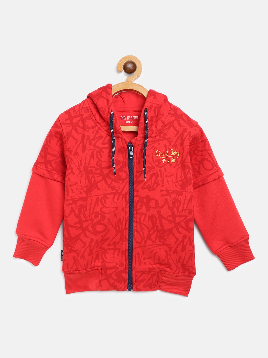 

Gini and Jony Boys Red Printed Hooded Sweatshirt