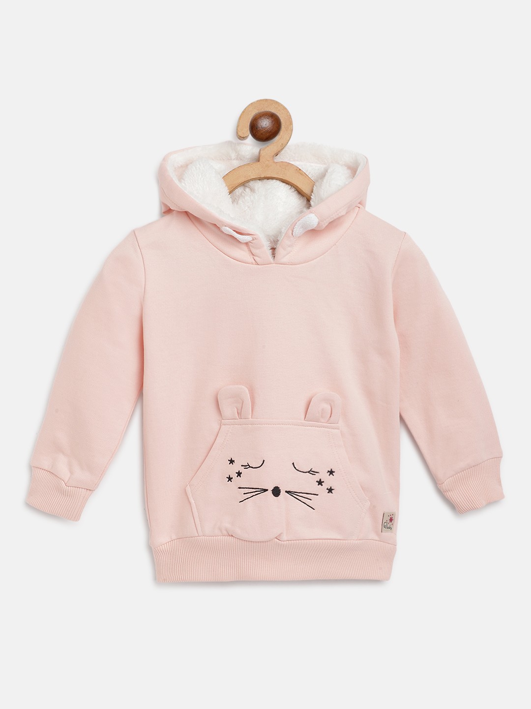 

Gini and Jony Infant Girls Peach-Coloured & Black Solid Pure Cotton Hooded Sweatshirt