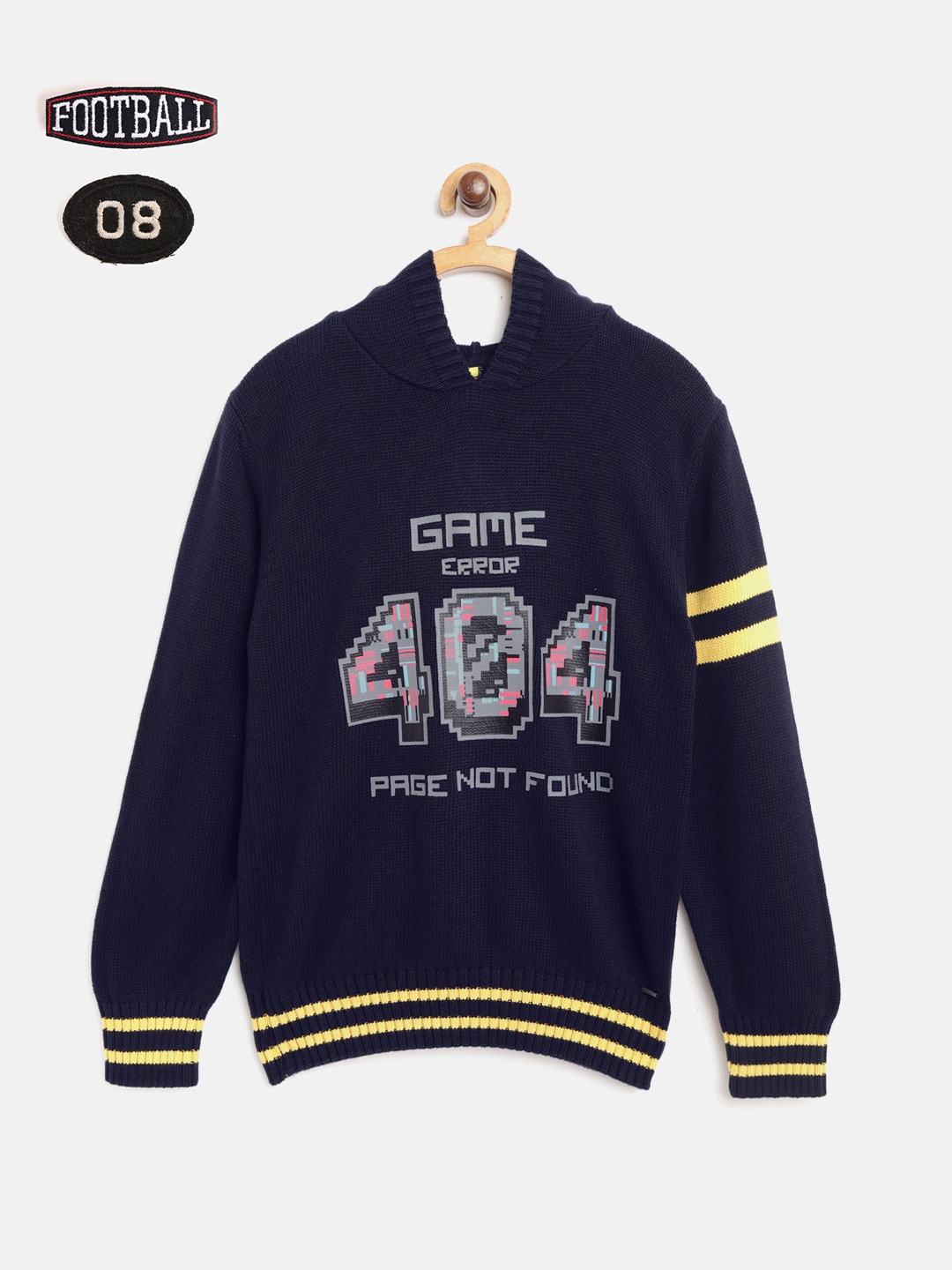 

Gini and Jony Boys Navy Blue Printed Hooded Pullover with Brooches