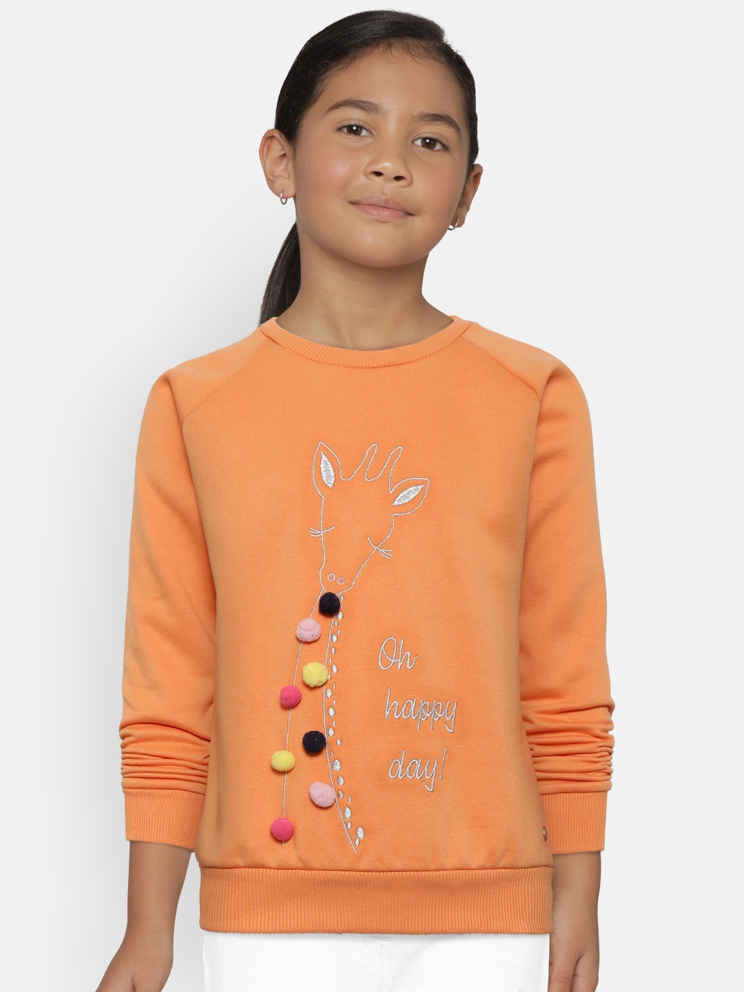 

Gini and Jony Girls Peach-Coloured Embroidered Sweatshirt with Brooch