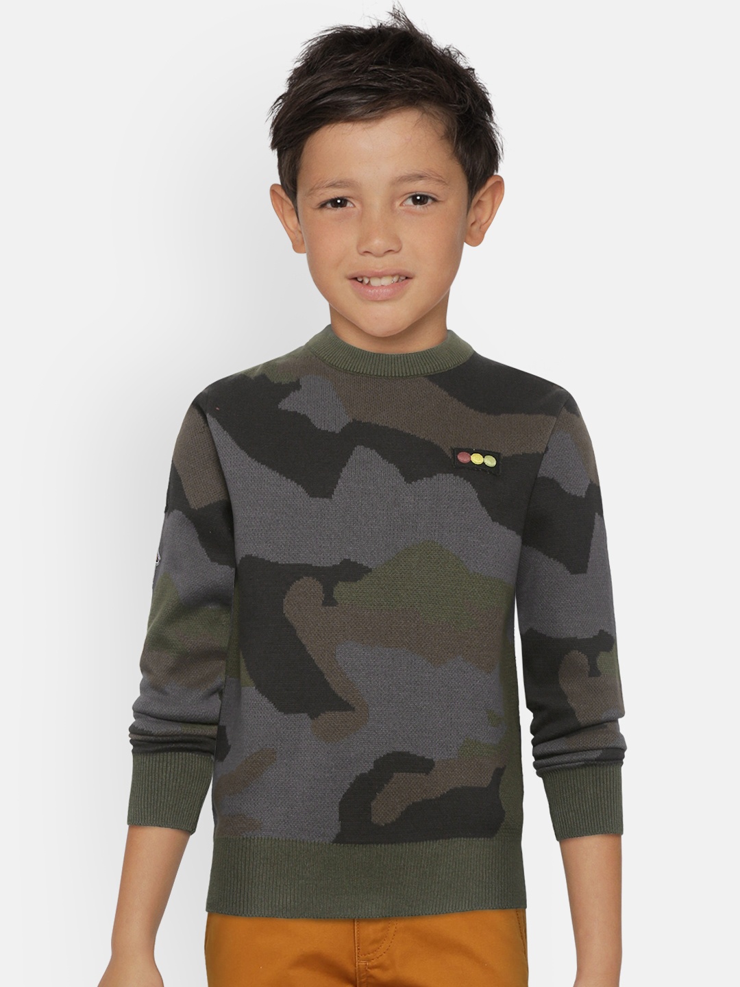 

Palm Tree Boys Olive Green & Charcoal Grey Camouflage Patterned Sweater with Brooch