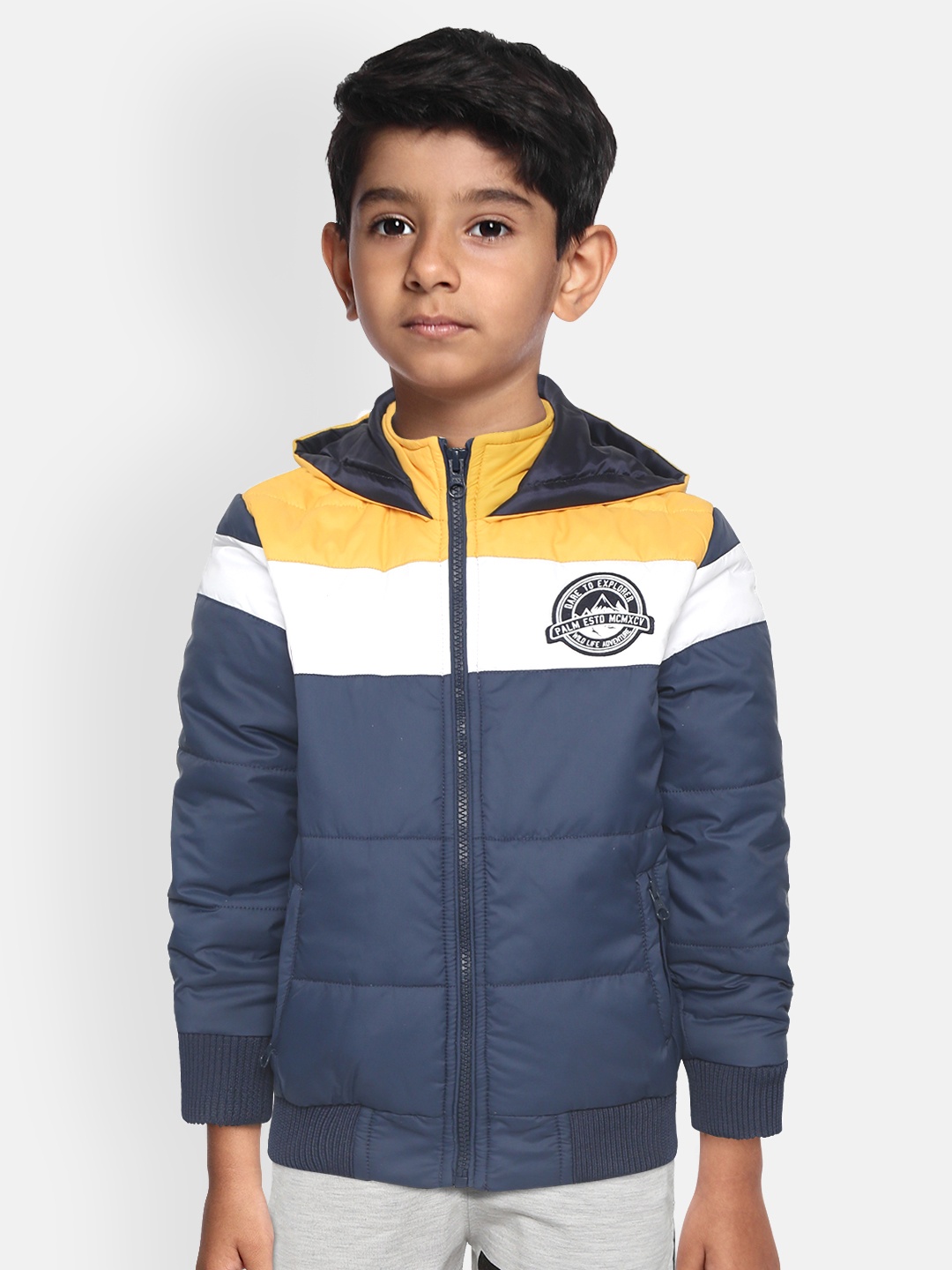 

Palm Tree Boys Navy Blue & Yellow Colourblocked Hooded Padded Jacket with Brooches