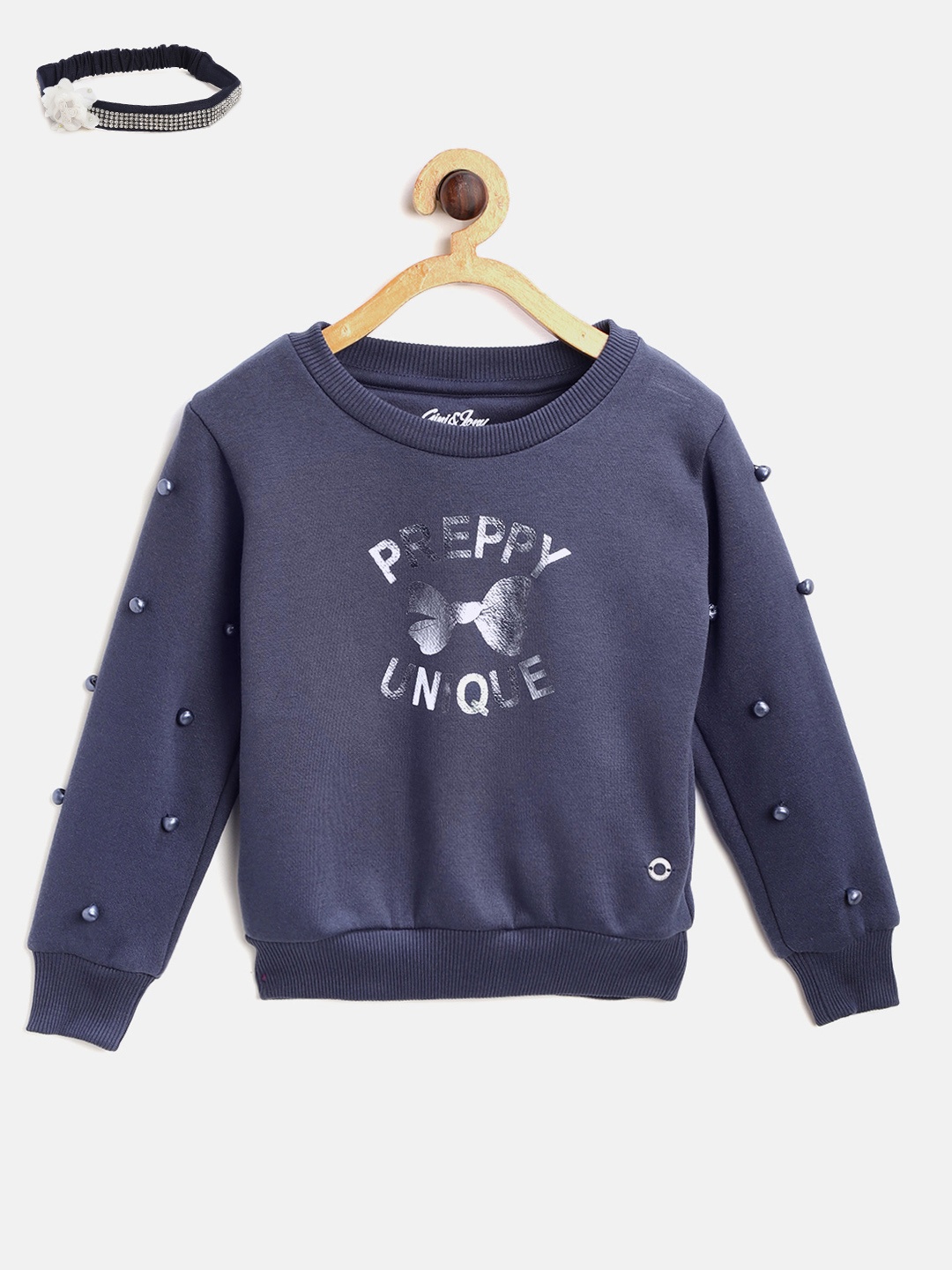 

Gini and Jony Girls Navy Blue Printed Sweatshirt with Hairband