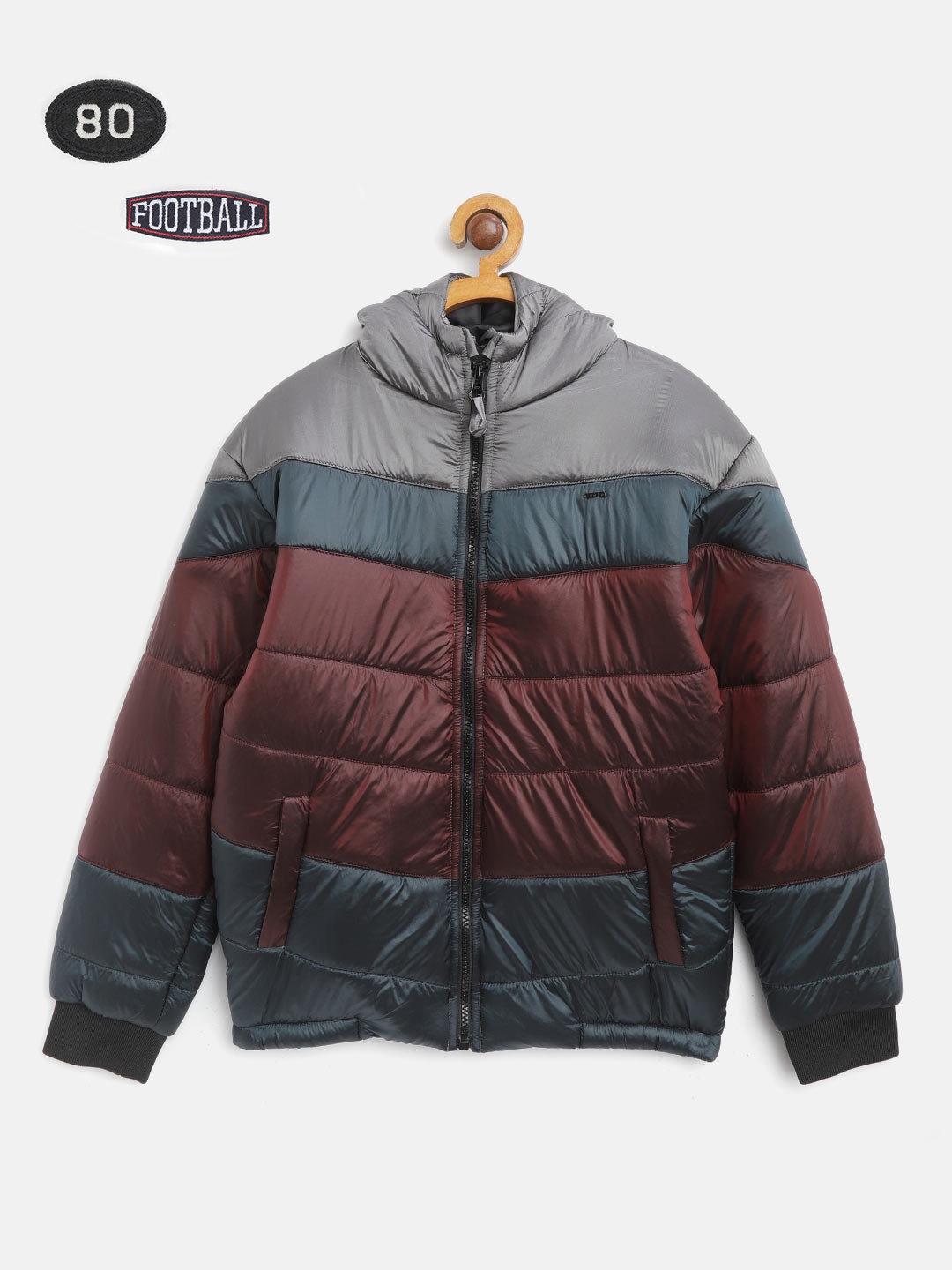 Gini and Jony Boys Burgundy & Green Colourblocked Hooded Puffer Jacket