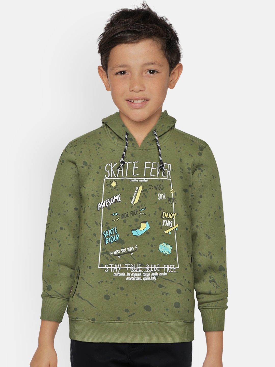 

Gini and Jony Boys Olive Green Printed Hooded Sweatshirt