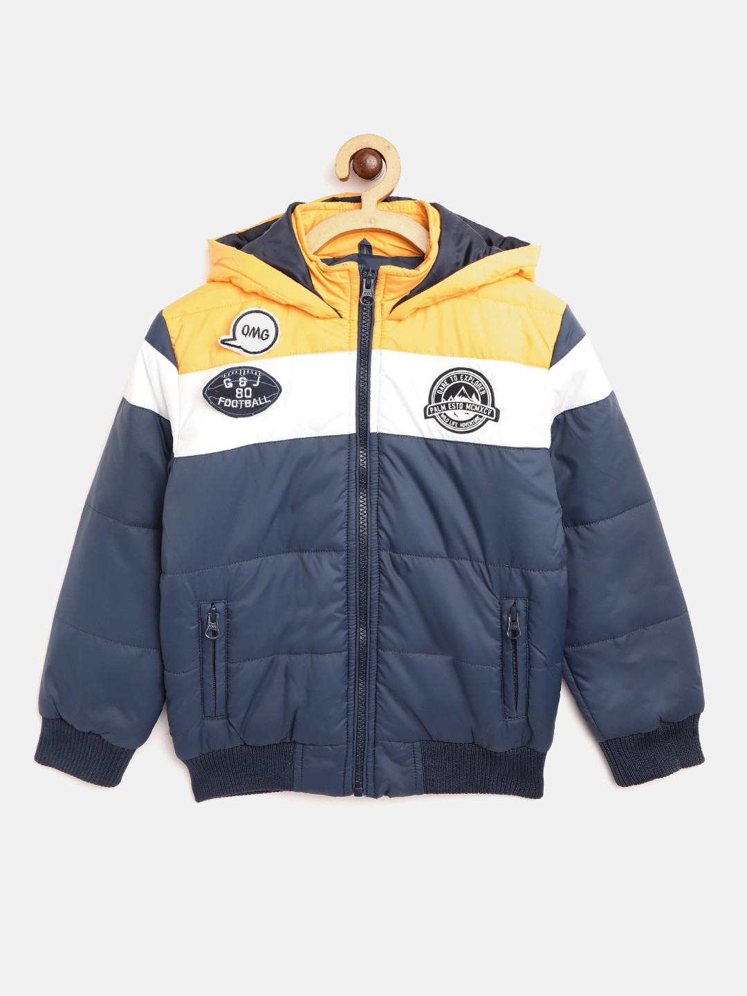 

Palm Tree Boys Navy Blue & Yellow Colourblocked Hooded Padded Jacket with Brooches