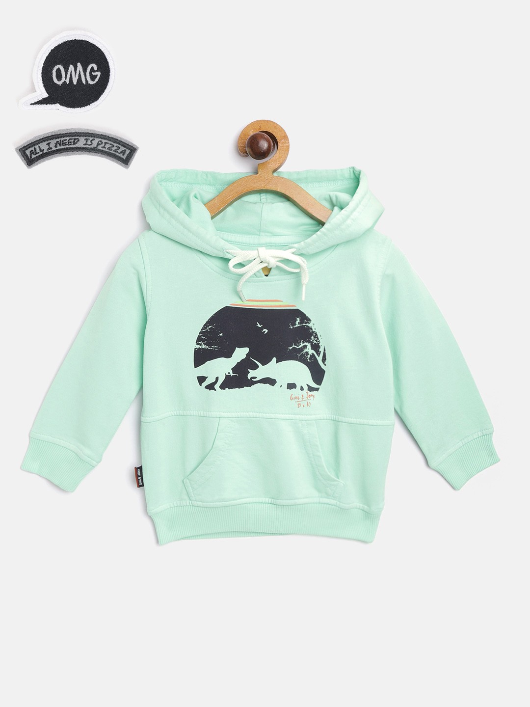 

Gini and Jony Boys Sea Green & Black Pure Cotton Dinosaur Printed Hooded Sweatshirt