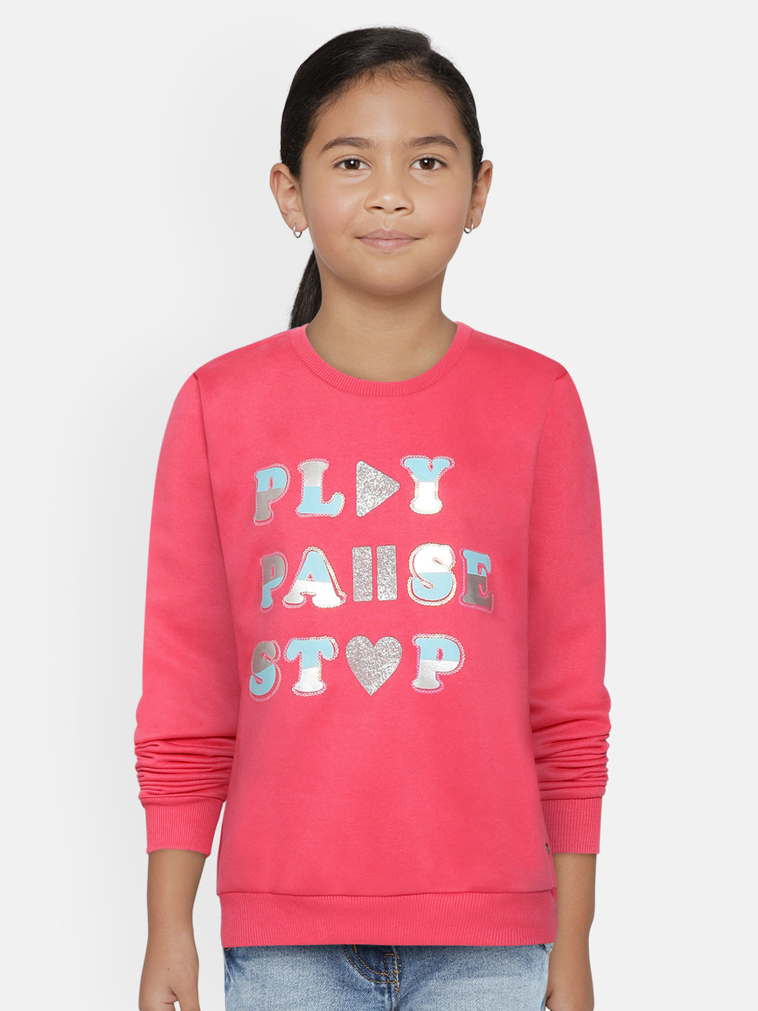 

Gini and Jony Girls Pink & Blue Typography Print Sweatshirt with Bracelet