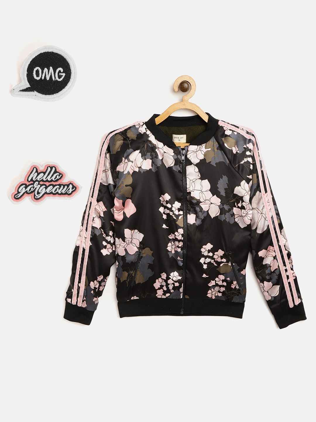 

Gini and Jony Girls Black & Pink Floral Print Bomber Jacket with Brooches