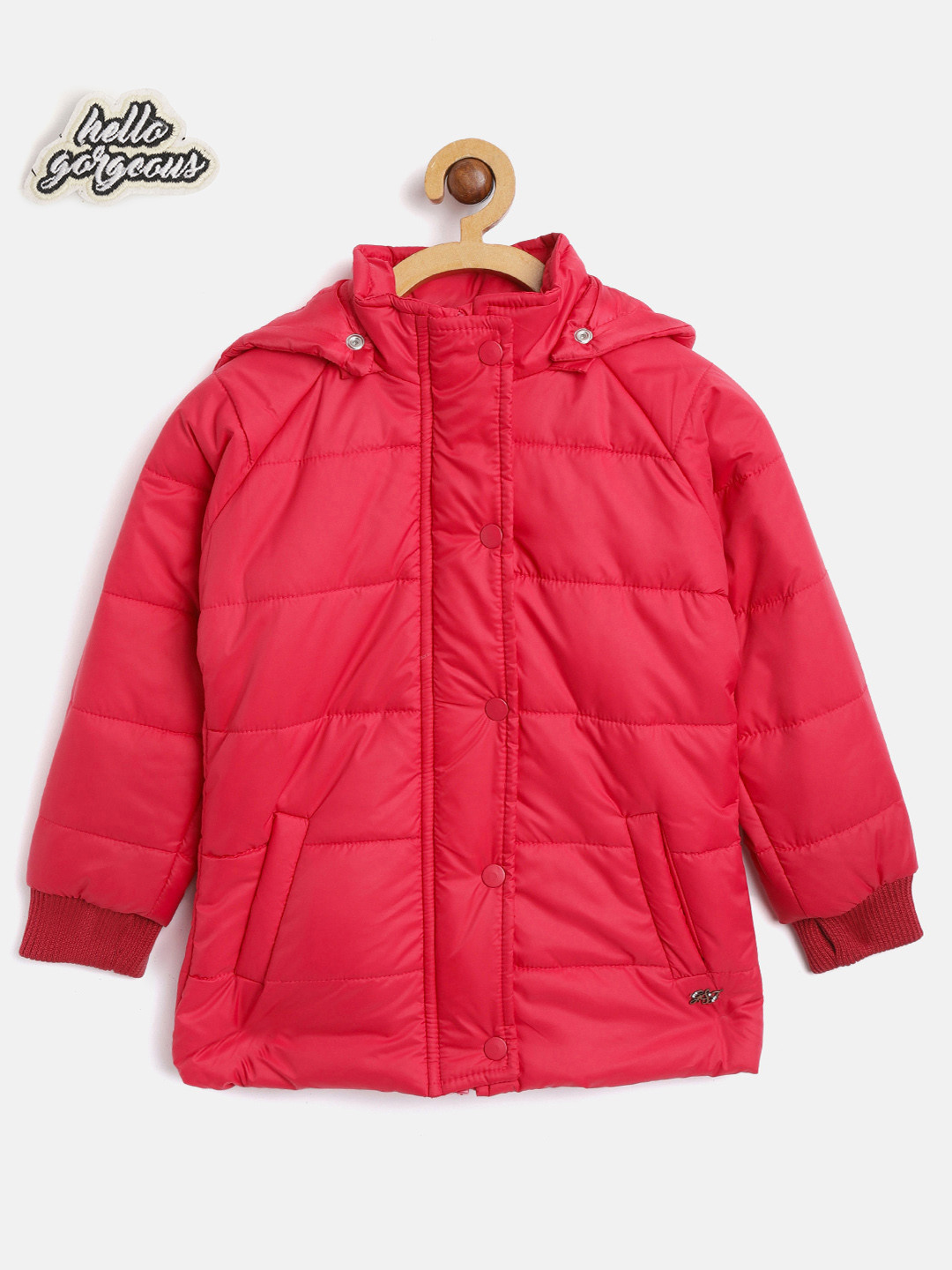 

Gini and Jony Girls Red Printed Back Hooded Padded Jacket with Brooches