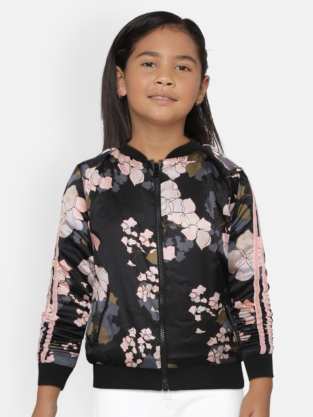 

Gini and Jony Girls Black & Pink Floral Print Bomber Jacket with Brooches