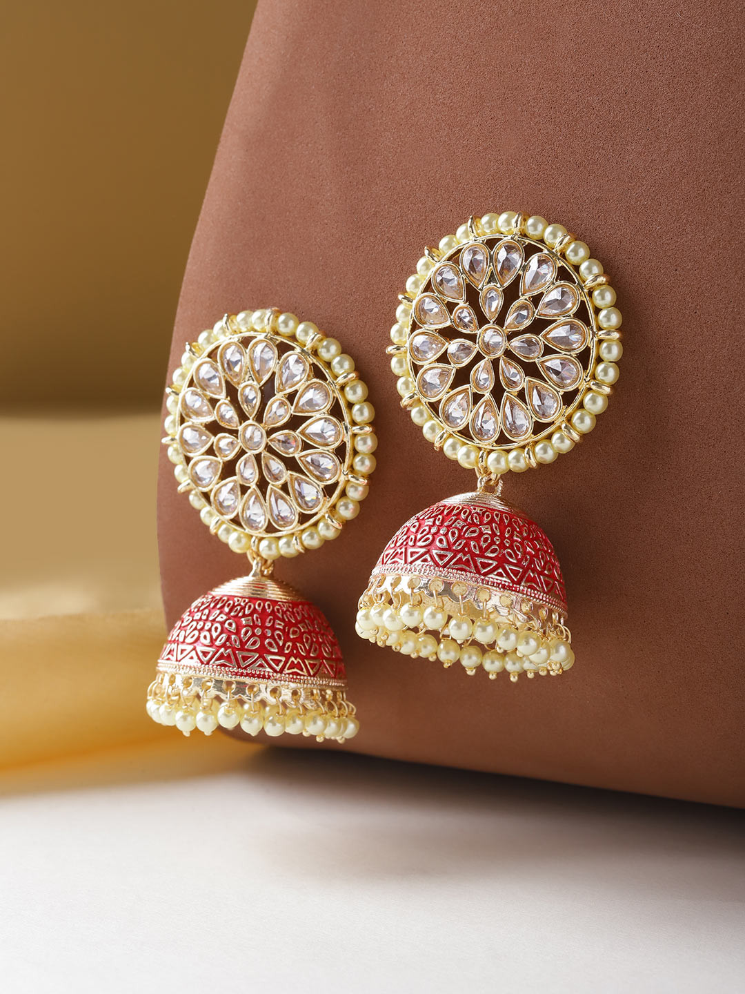 

Melani Borsa Pink & Green Gold-Plated Meenakari Hand Painted Dome Shaped Jhumkas