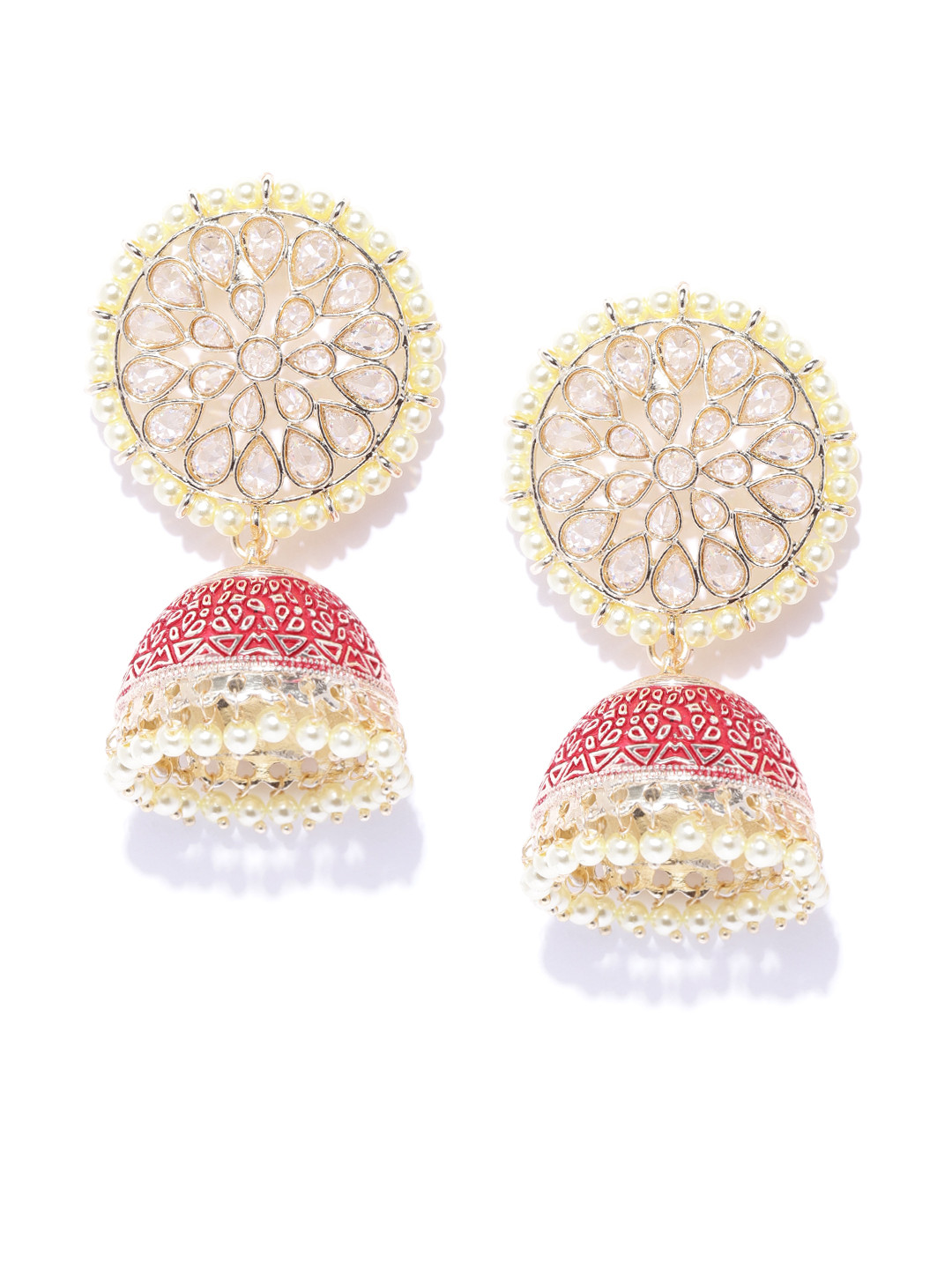 

Melani Borsa Red & Cream-Coloured Gold-Plated AD-Studded Handcrafted Dome Shaped Jhumkas