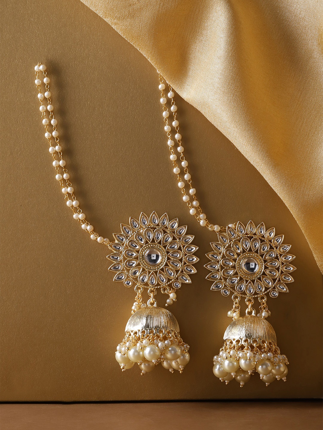 

Melani Borsa Off-White Gold-Plated Kundan Studded & Beaded Handcrafted Dome Shaped Jhumkas