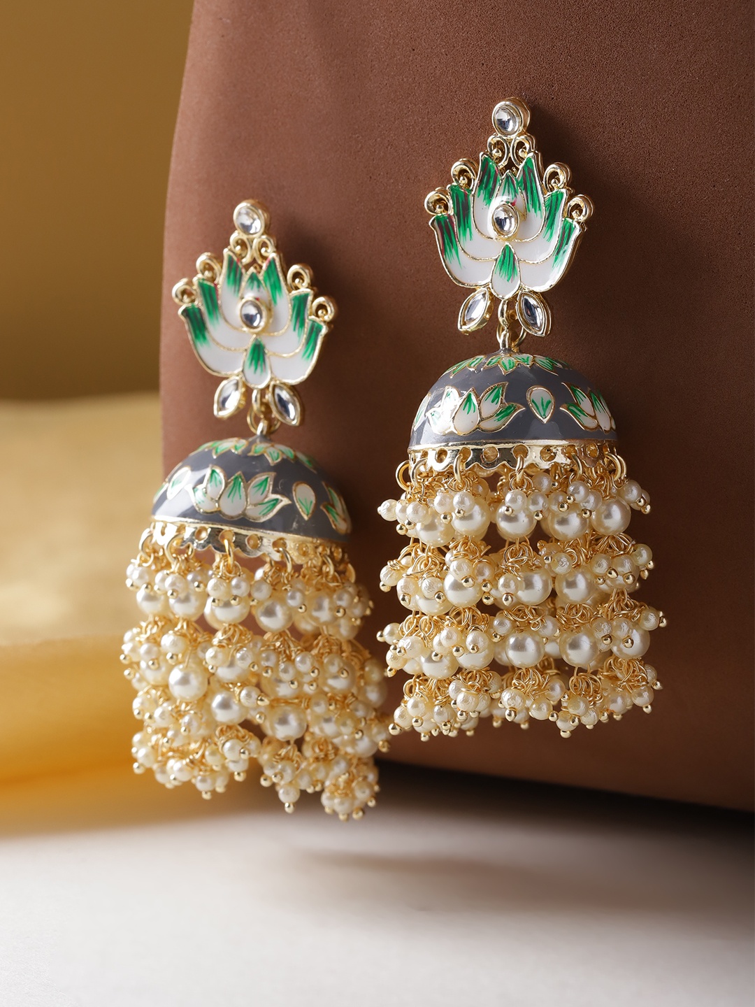 

Melani Borsa Grey & Off-White Gold-Plated Hand Painted Meenakari Dome Shaped Jhumkas