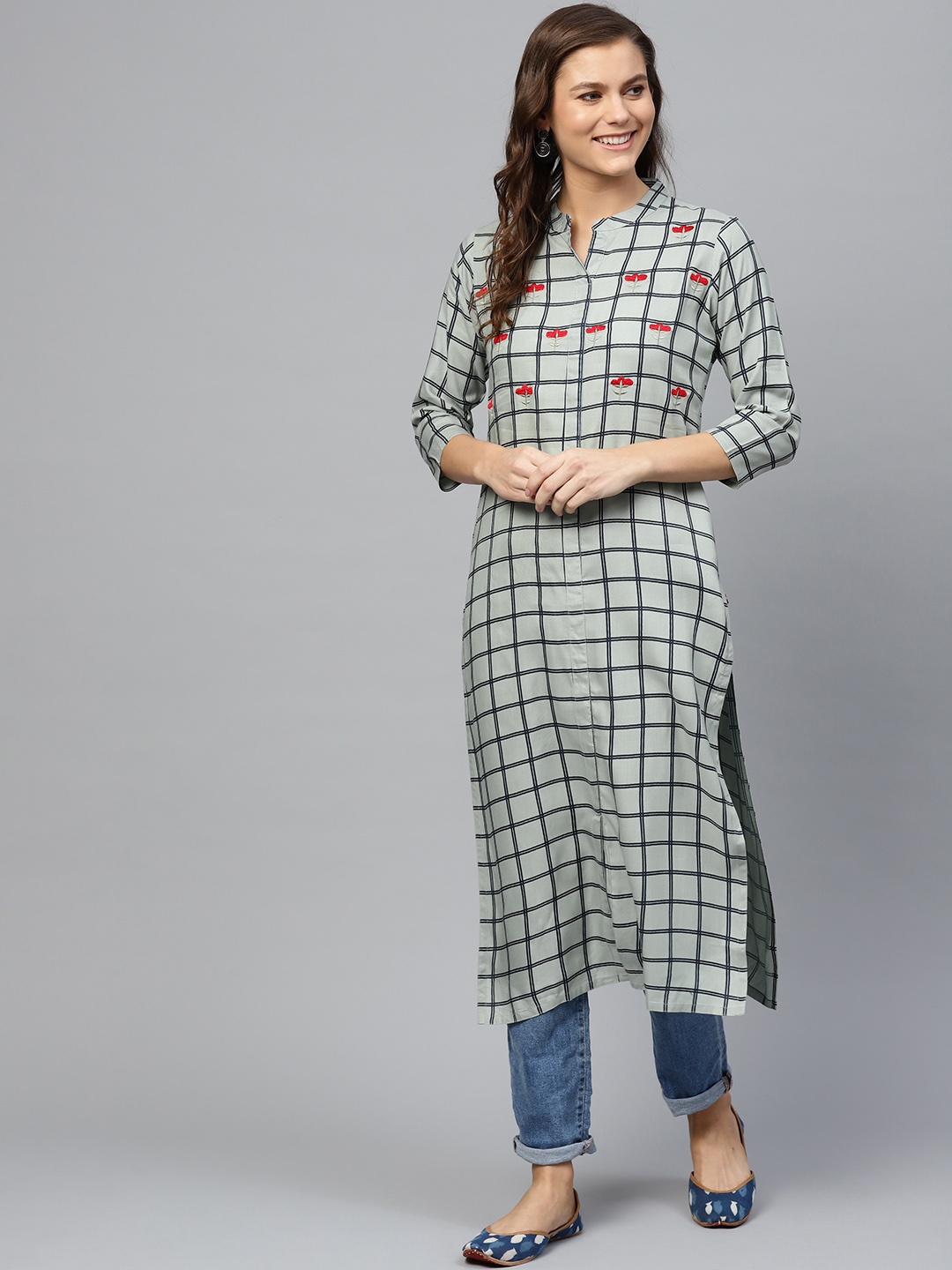 

KSUT Women Green Checked Straight Kurta