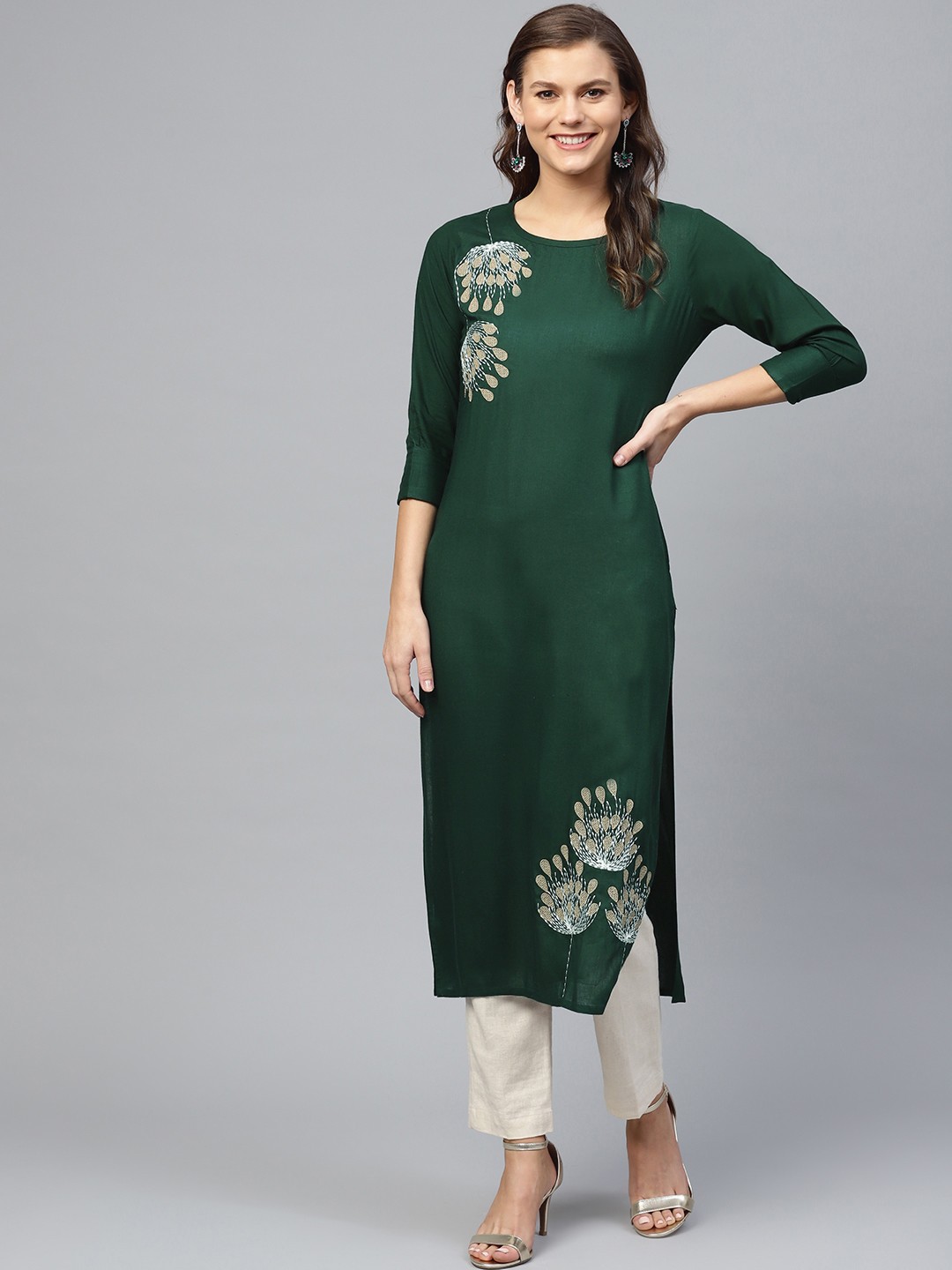 

KSUT Women Green Yoke Design Straight Kurta