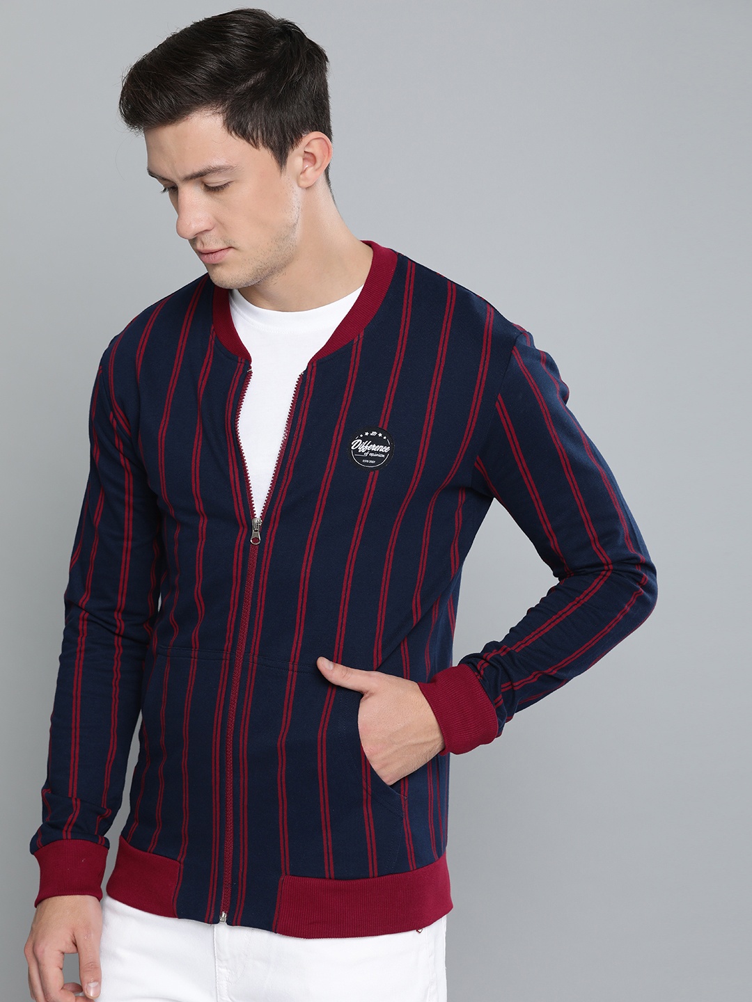 

Difference of Opinion Men Navy Blue & Maroon Striped Sweatshirt