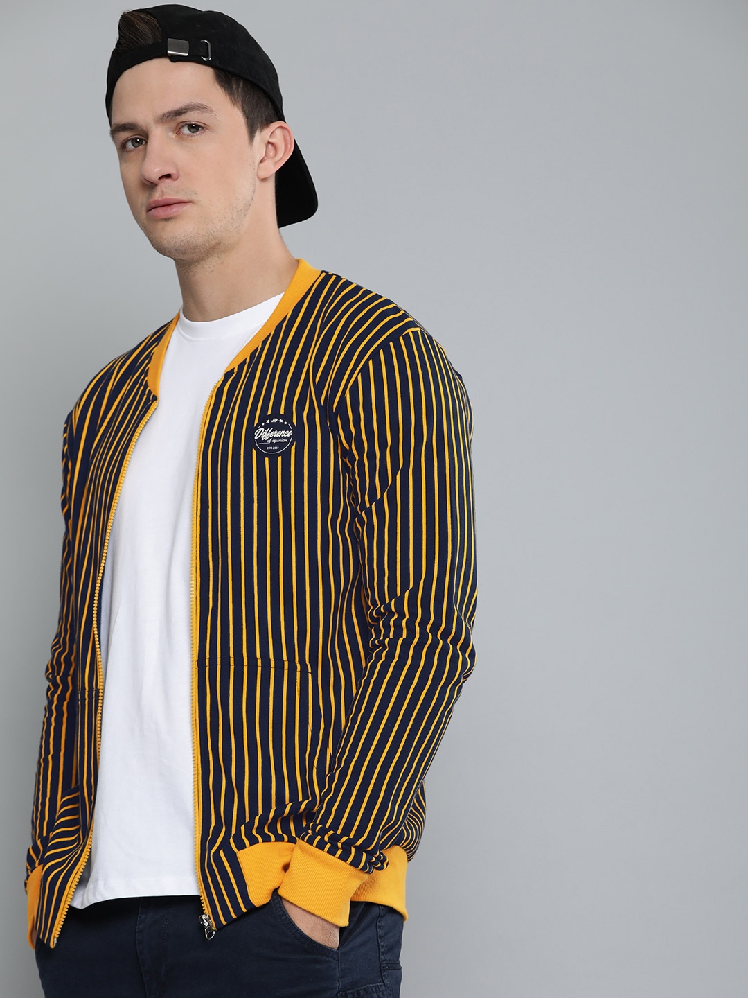 

Difference of Opinion Men Navy Blue & Mustard Yellow Striped Sweatshirt