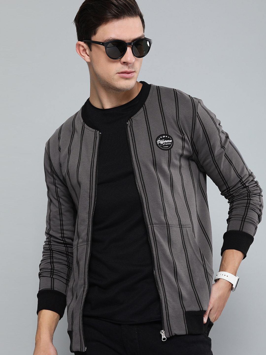 

Difference of Opinion Men Charcoal Grey & Black Striped Sweatshirt