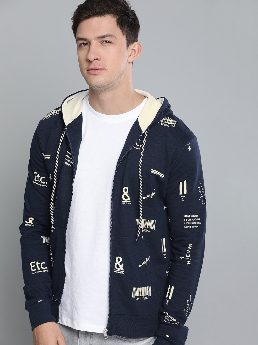 

Difference of Opinion Men Navy Blue & Off-White Printed Hooded Sweatshirt