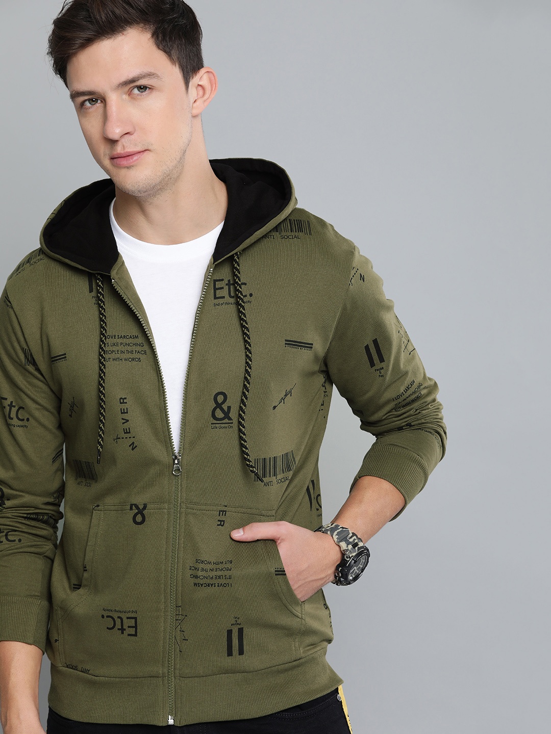 

Difference of Opinion Men Olive Green Printed Hooded Sweatshirt