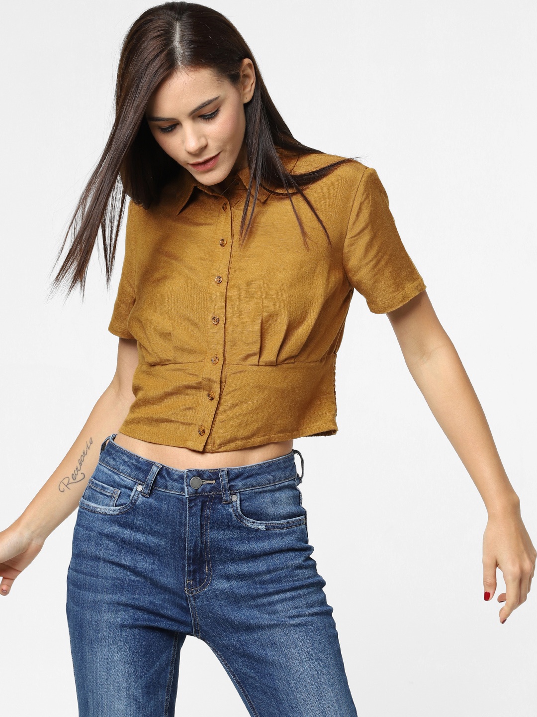 

ONLY Women Brown Solid Shirt Style Crop Top