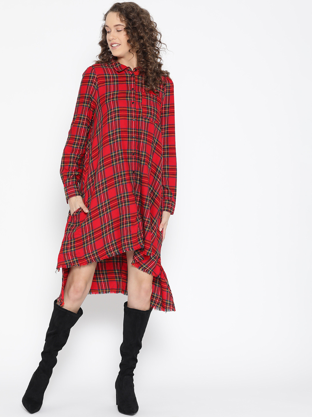 

ONLY Women Red & Navy Checked Shirt Dress